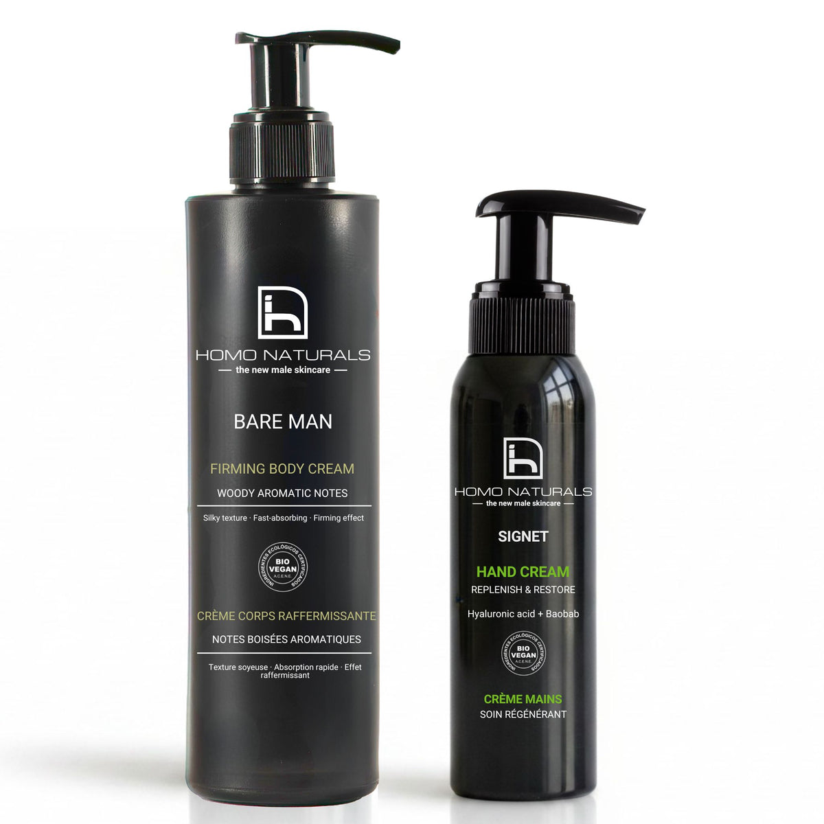 Kit de crema corporal y crema de manos de Homo Naturals para hombre. Productos naturales para la piel del hombre, con certificación bio + vegan.
