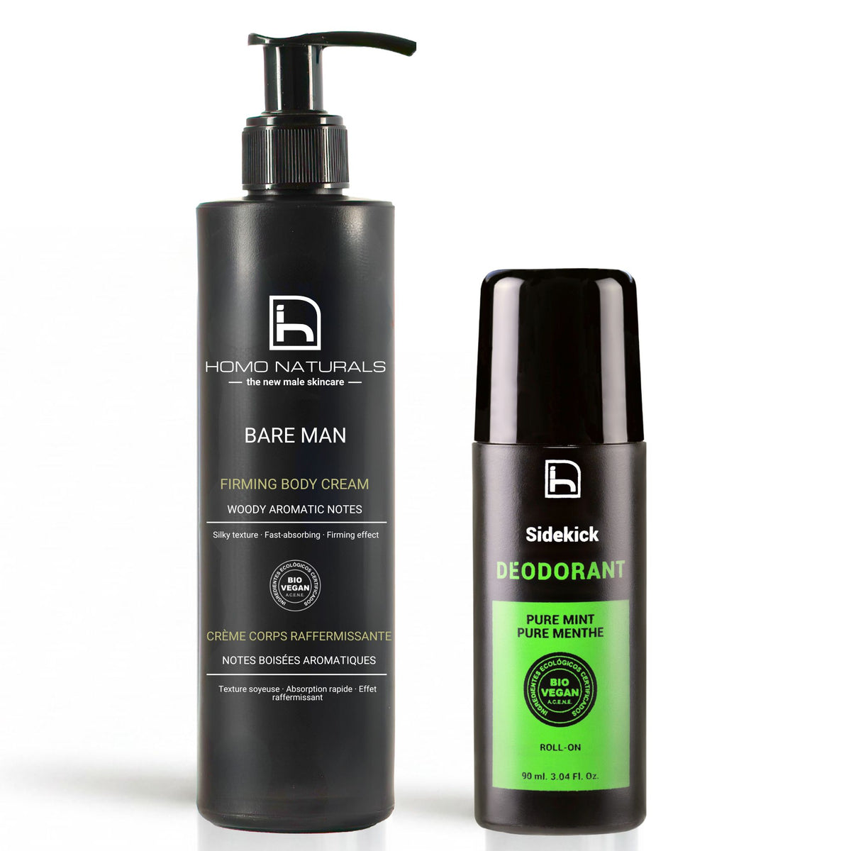 Kit de cuidado corporal para hombre de Homo Naturals. Contiene una crema corporal y un desodorante natural sin aluminio y sin alcohol, bio + vegan.