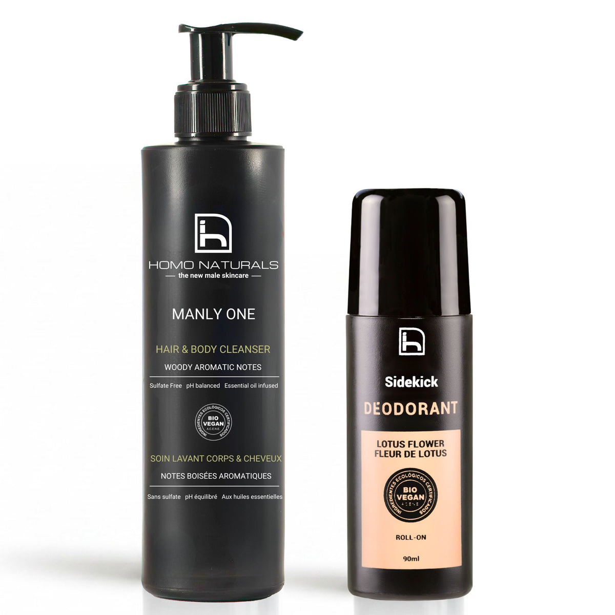Gel de ducha sin sulfatos y desodorante natural para hombre para una rutina corporal eficaz y respetuosa.