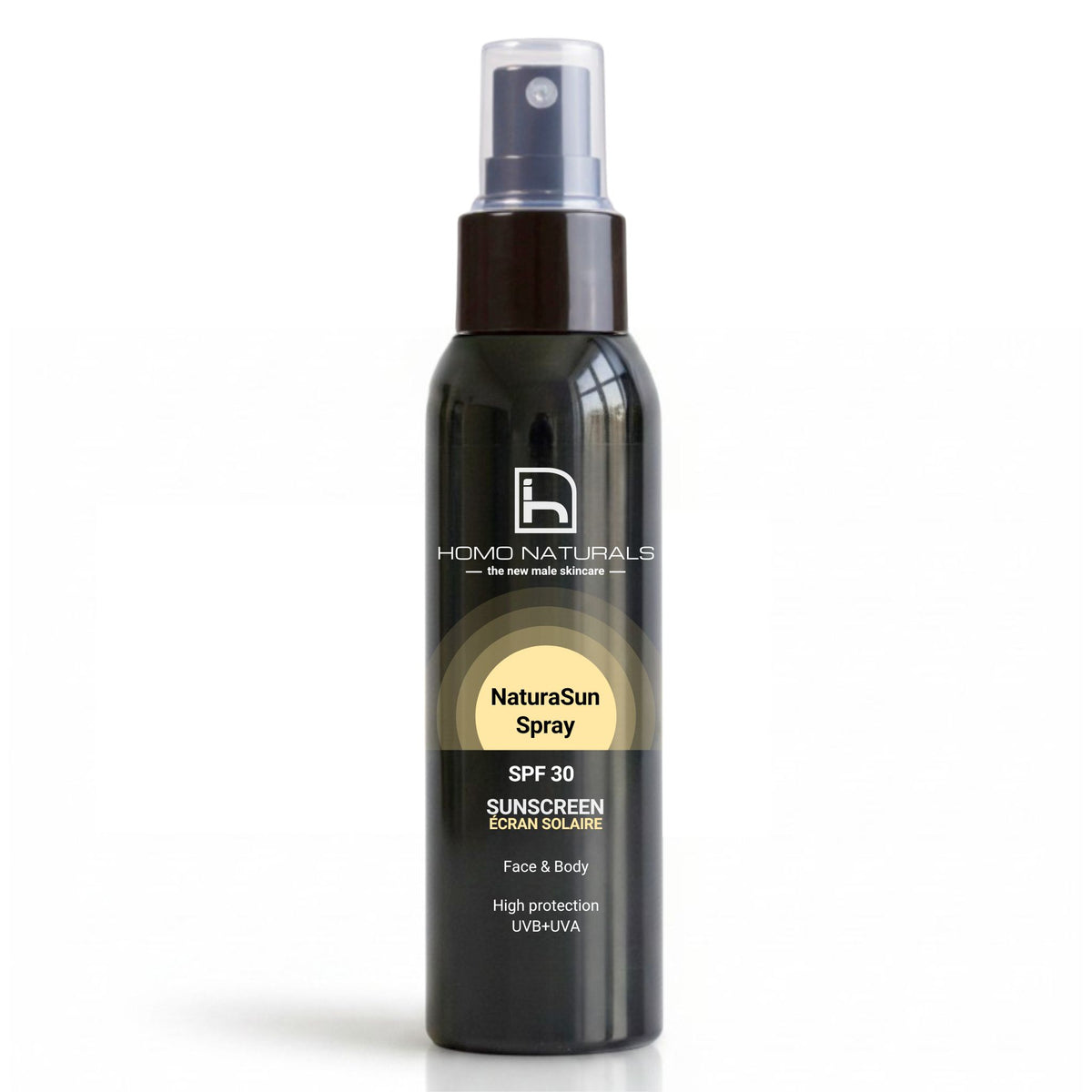 NaturaSun de Homo Naturals, protector solar en spray para hombre. Rostro y cuerpo. Sin rastro blanco y textura de rápida absorción.