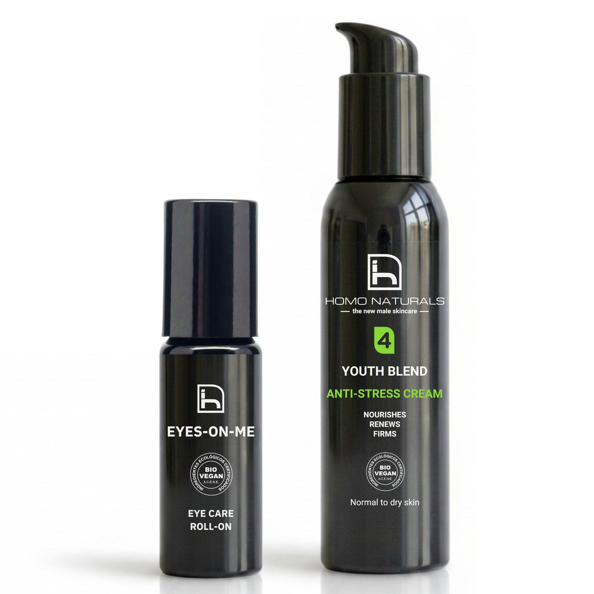 Kit antiedad para hombre de Homo Naturals con crema antiedad Anti-Stress y contorno de ojos Eyes-On-Me para ayudar a mejorar el aspecto de arrugas, patas de gallo y signos visibles de la edad.