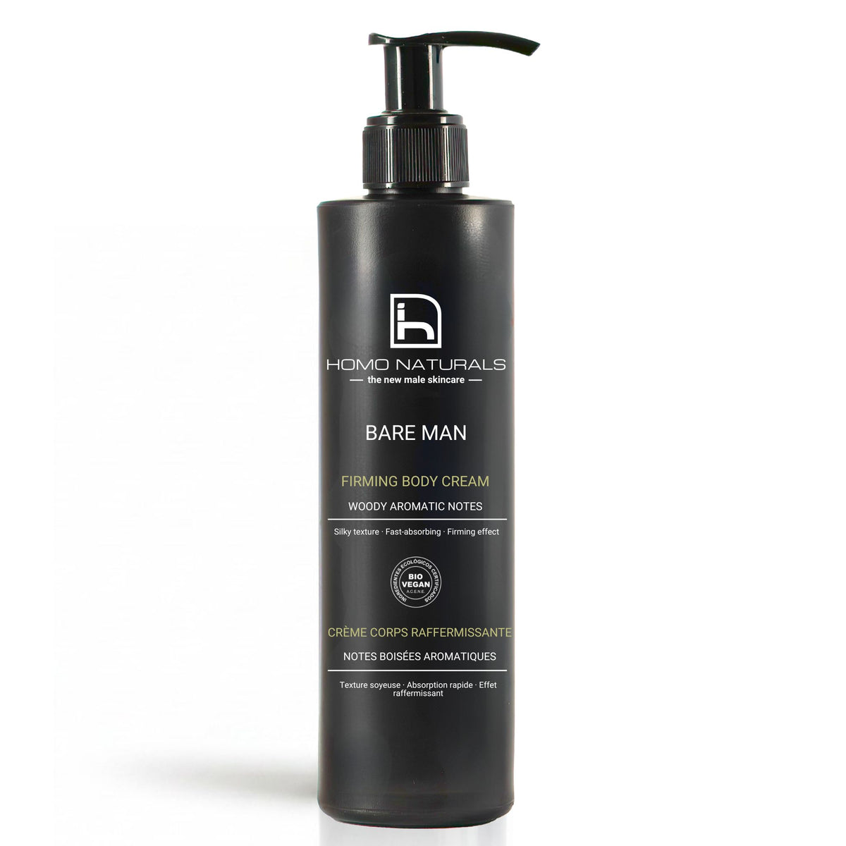 Crema corporal para hombre Bare Man de Homo Naturals. Formulada para hidratar la piel y ayudar a mantenerla suave y confortable. 100% natural, sin derivados del petroleo, sin parabenos. Con certificación bio + vegan.