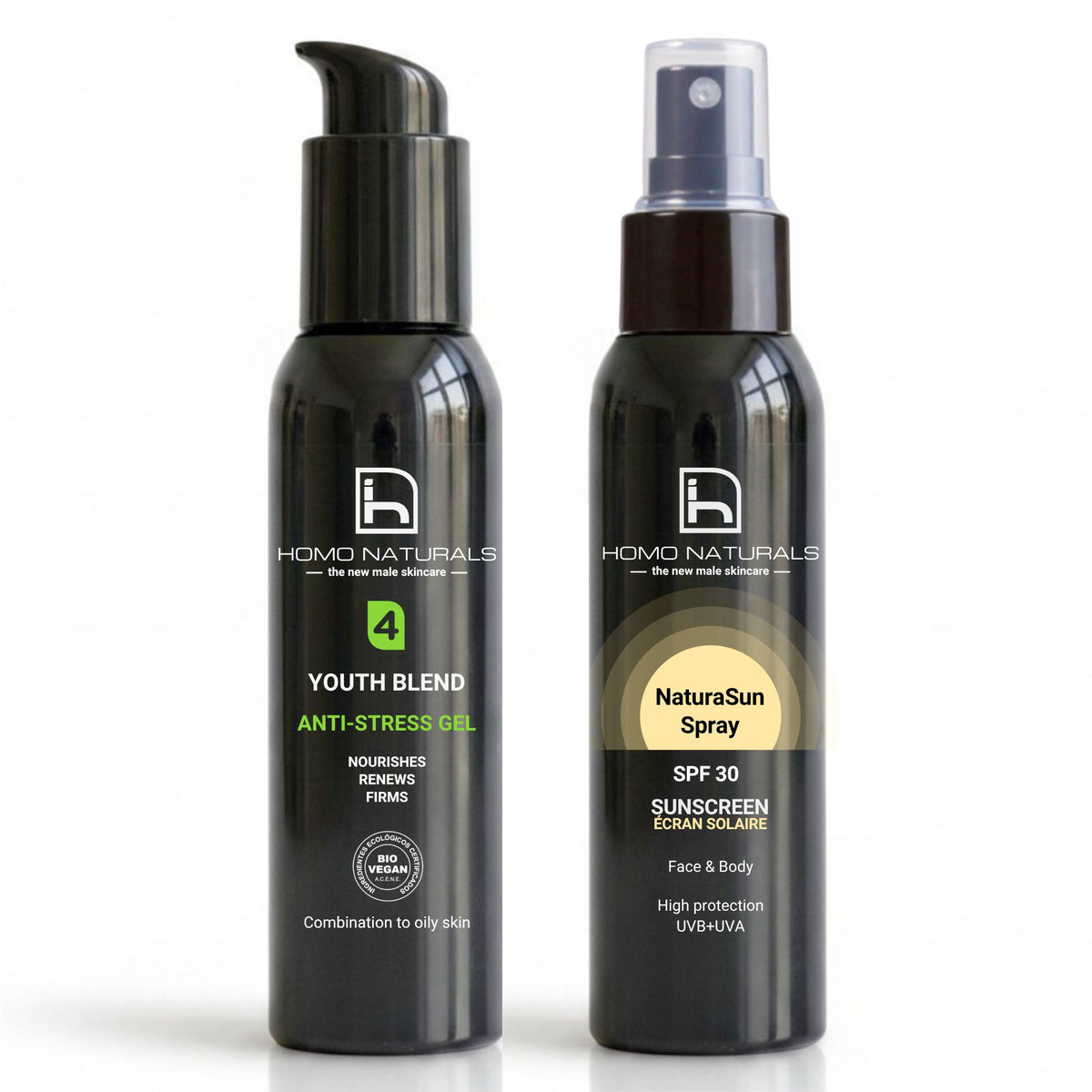Kit de dos productos de skincare para hombre compuesto de crema facial a escoger según el tipo de piel, y protector solar en spray. Productos naturales con texturas ligeras formulados para la piel del hombre.
