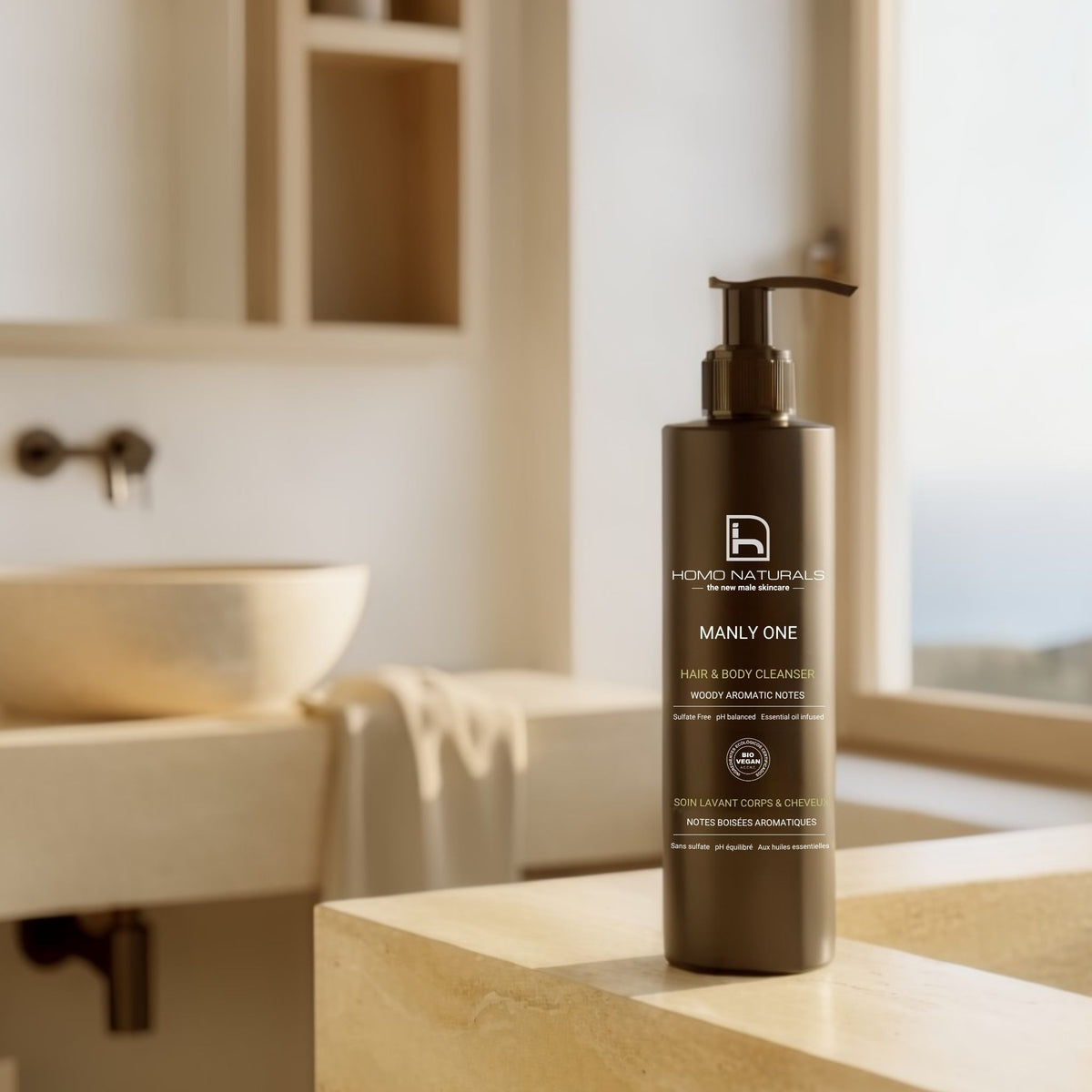 Manly One de Homo Naturals, gel de ducha natural sin sulfatos para el cuidado diario de la piel y el cabello del hombre. Función 2-en-1, gel de ducha + champú. Sin derivados del petróleo. Apto para piel sensible. Dermoprotector. Con aloe vera bio, manzanilla bio y caléndula bio. Con certificación bio + vegan.