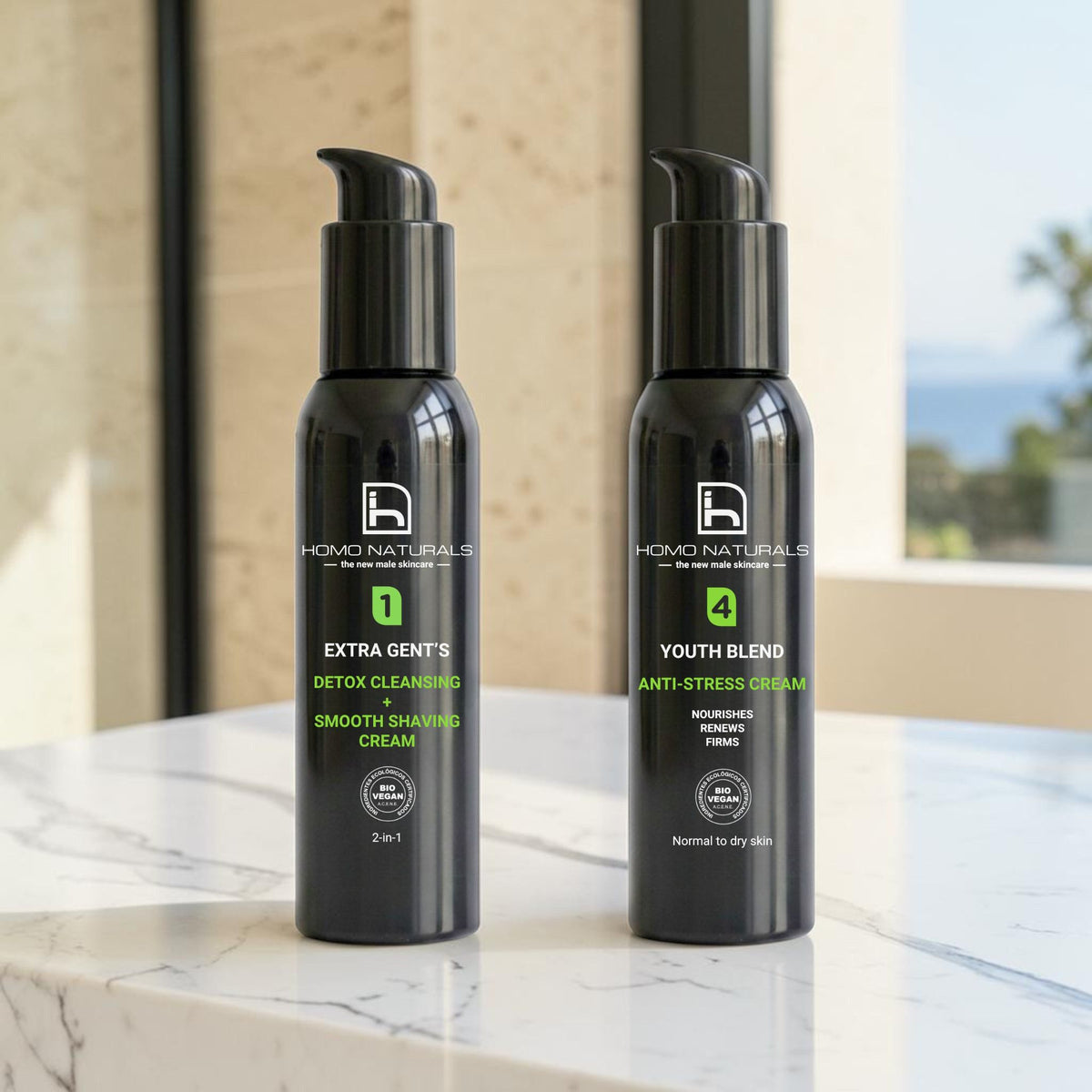 Imagen con 2 productos de Homo Naturals de cuidado facial. Contiene un limpiador facial sin sulfatos y una crema antiarrugas. Productos premium y naturales con certificación bio + vegan.