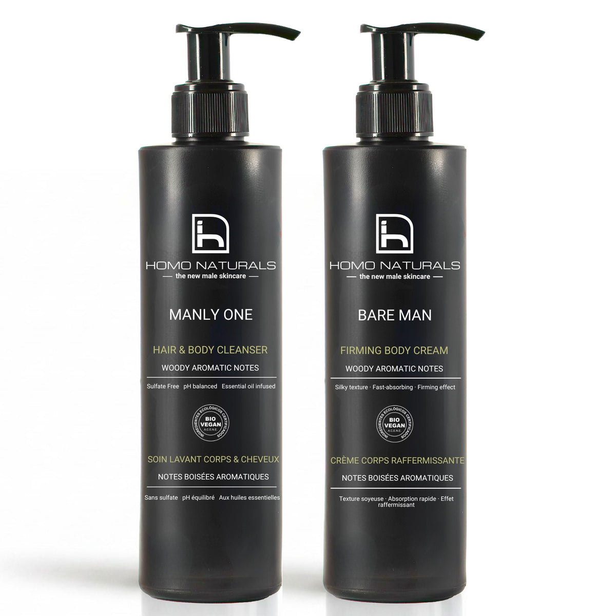Kit de cuidado corporal para hombre de Homo Naturals con gel de ducha natural y crema corporal para limpiar e hidratar la piel en una rutina diaria completa. Productos con certificación bio + vegan.