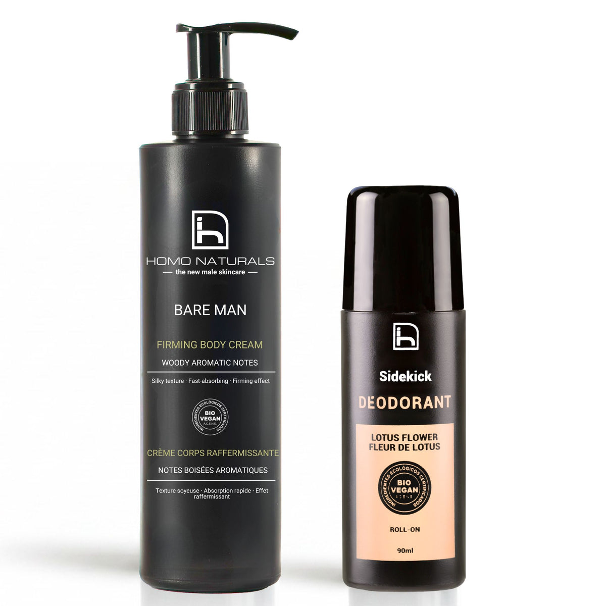Kit de cuidado corporal para hombre de Homo Natuarls. Contiene una crema hidratante corporal y un desodorante natural sin aluminio. Productos con certificación bio + vegan.