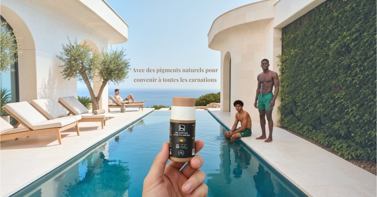 Infographie d'un écran solaire spf 50 avec filtre physique/minéral qui ne laisse aucune trace blanche. Avec des pigments végétaux qui camouflent le blanc du filtre minéral avec une touche de couleur universelle qui s'adapte à toutes les carnations.