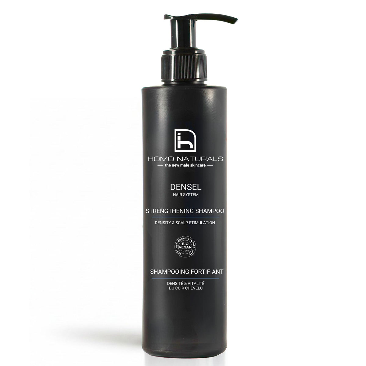 Botella de DENSEL Hair System Shampoo, champú anticaída y fortalecedor para hombre.