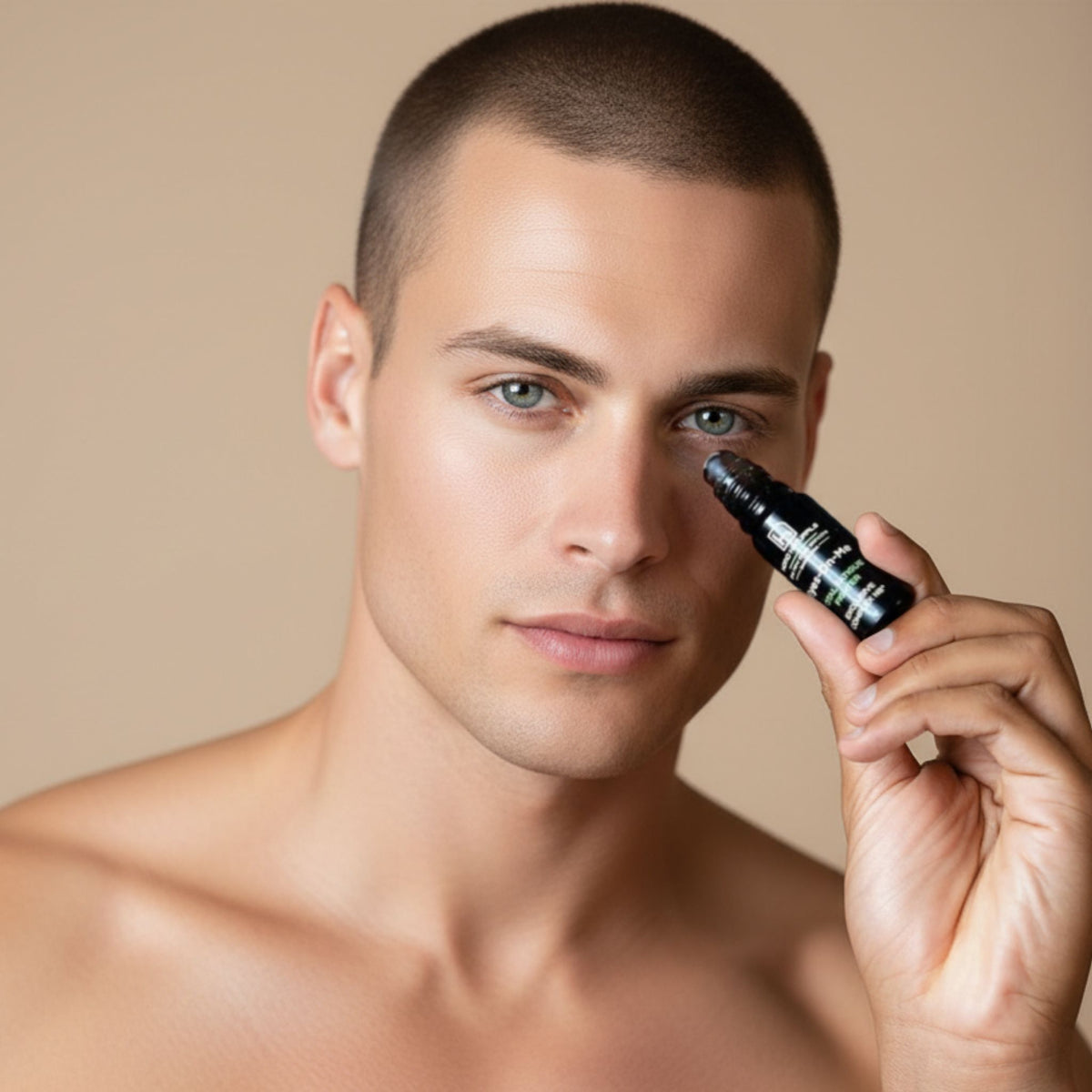 Hombre aplicando Eyes-On-Me de Homo Naturals sobre el contorno de los ojos para ayudar a refrescar la mirada y mejorar el aspecto de bolsas y ojeras. Roll-on natural con efecto frío formulado para el contorno de ojos del hombre.