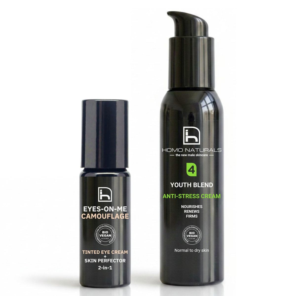 Kit de crema antiedad y corrector de ojeras para hombre de Homo Naturals con Anti-Stress y Eyes-On-Me Camouflage para ayudar a mejorar el aspecto de arrugas, bolsas y ojeras.