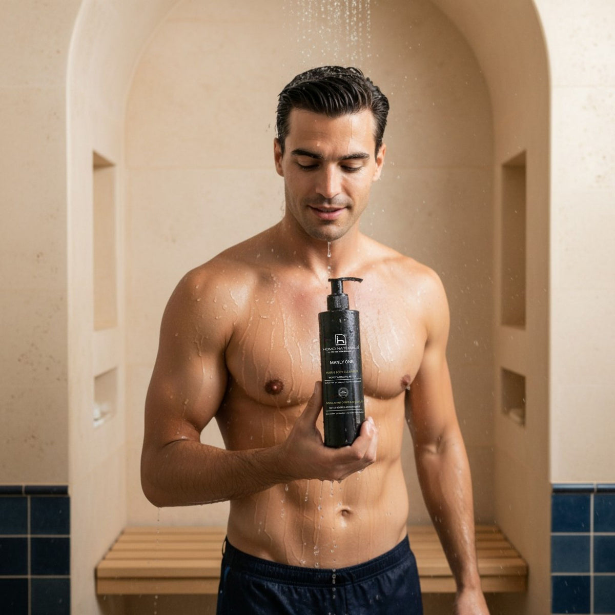 Hombre mostrando el gel de ducha para hombre Manly One de Homo Naturals, sin sulfatos, diseñado para la higiene diaria de la piel y el cabello. Apto para piel sensible. 100% natural, con certificación ecológica y vegana.