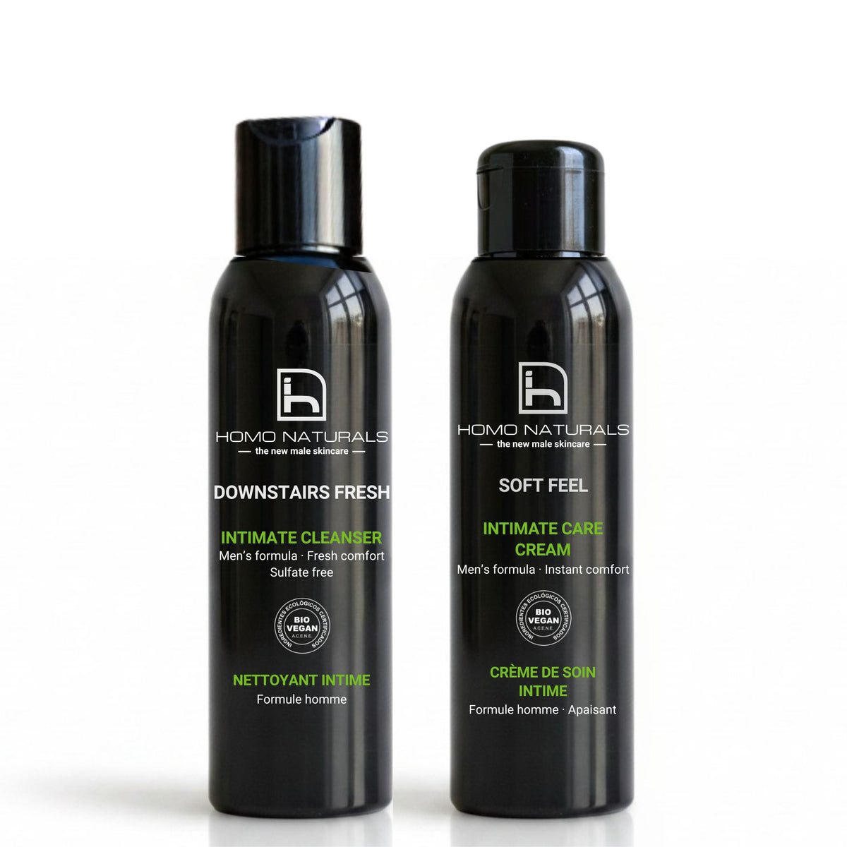Pack de cuidado íntimo diario para hombre de Homo Naturals con jabón íntimo y crema íntima reparadora para la higiene diaria y el cuidado de la zona íntima masculina.