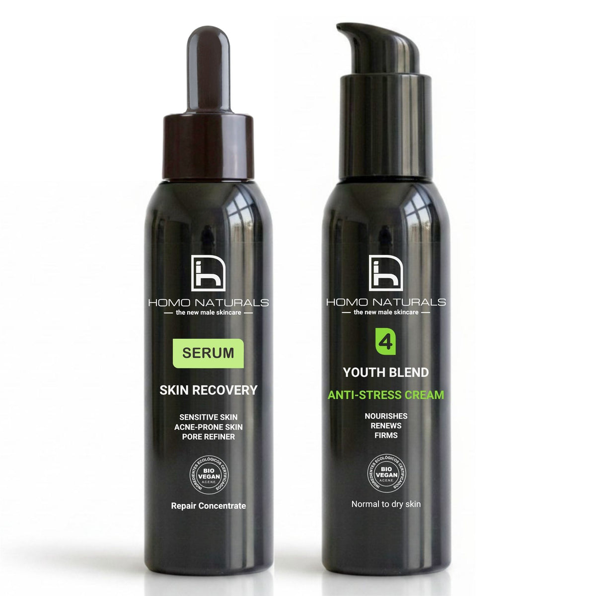 Kit de cuidado facial para hombre con serum antiedad triple función (afinador de poros, pieles sensibles y pieles acneicas) y crema antiarrugas para hombre. Skincare natural con certifcación bio + vegan.